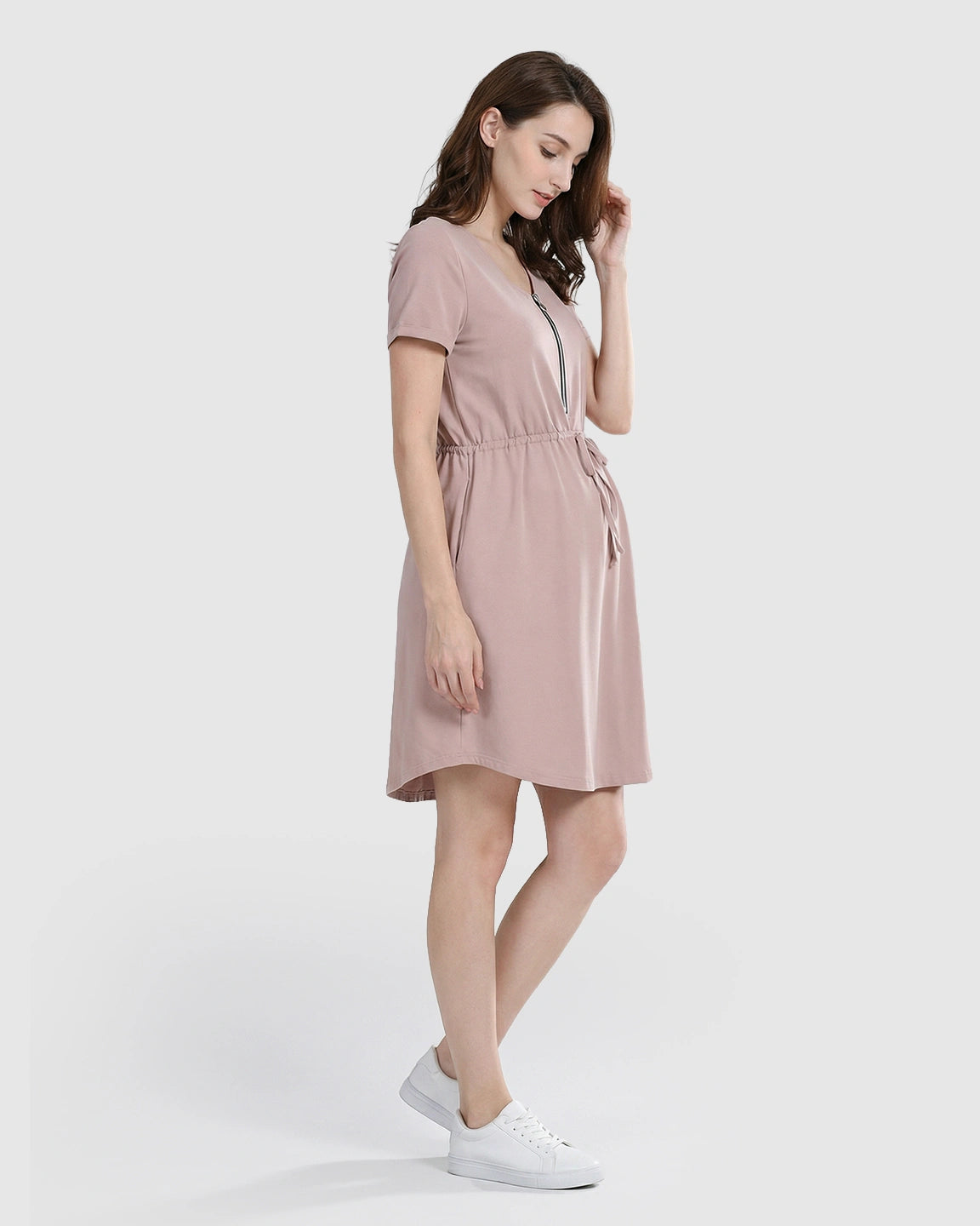 Short-Sleeve Front Zip Maternity & Nursing Dress