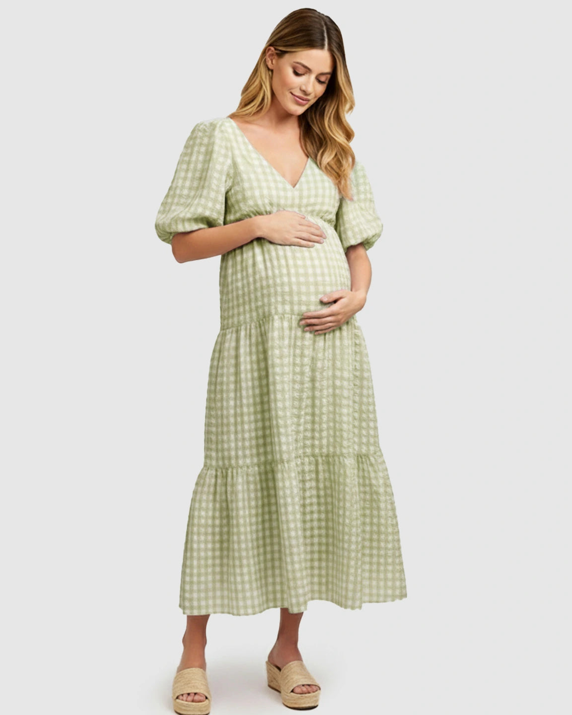 Puffed Sleeves Checkered Maternity Maxi Dress