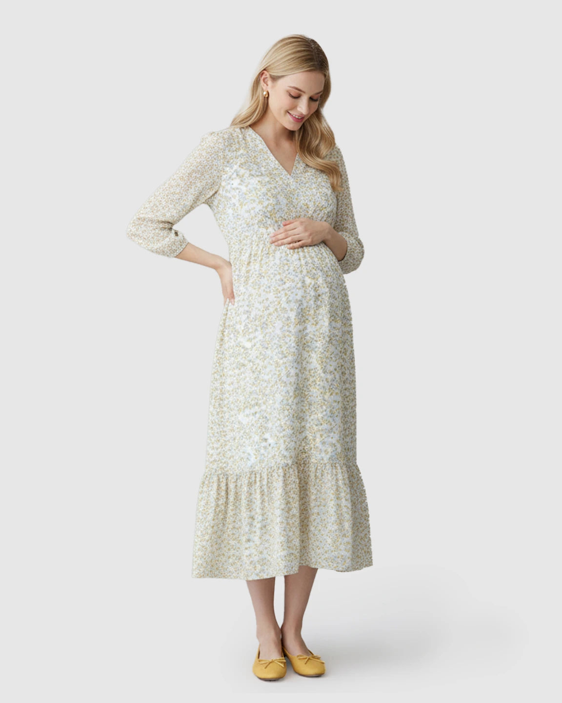 Floral Ruffle Hem Smocked Waist Maternity Midi Dress