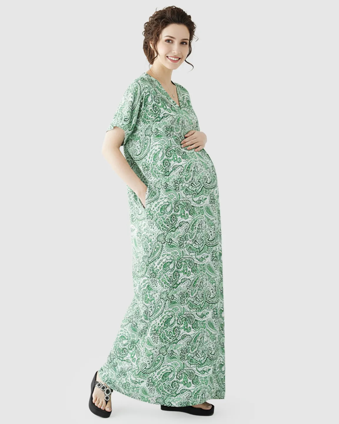 V-neck Ethnic Floral Print Maternity Maxi Dress