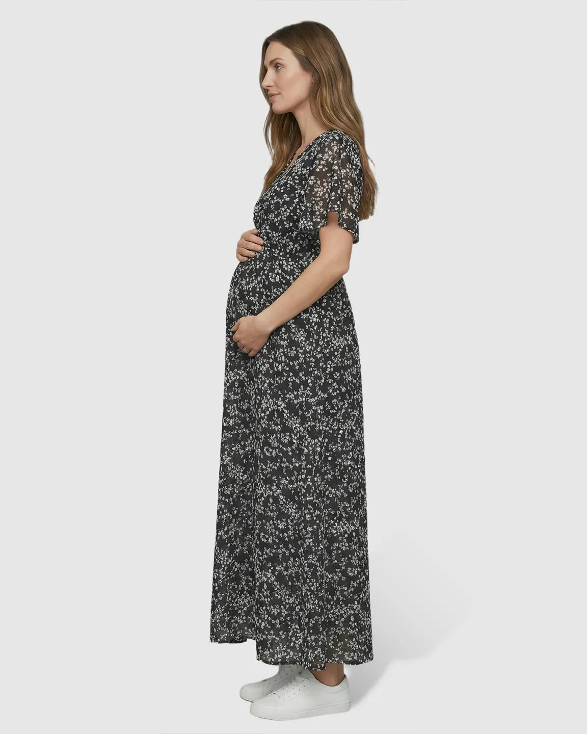 Cinched Waist Bohemian Style Maternity Maxi Dress