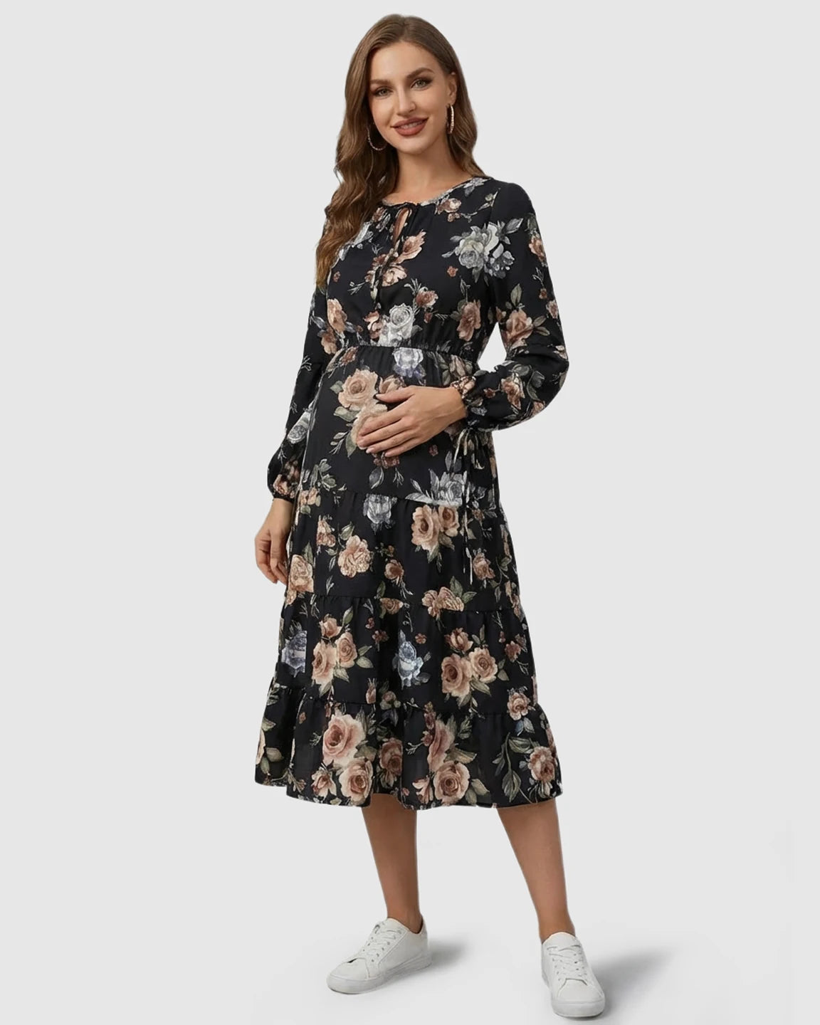 Floral Tiered Hem Boho Maternity Midi Dress