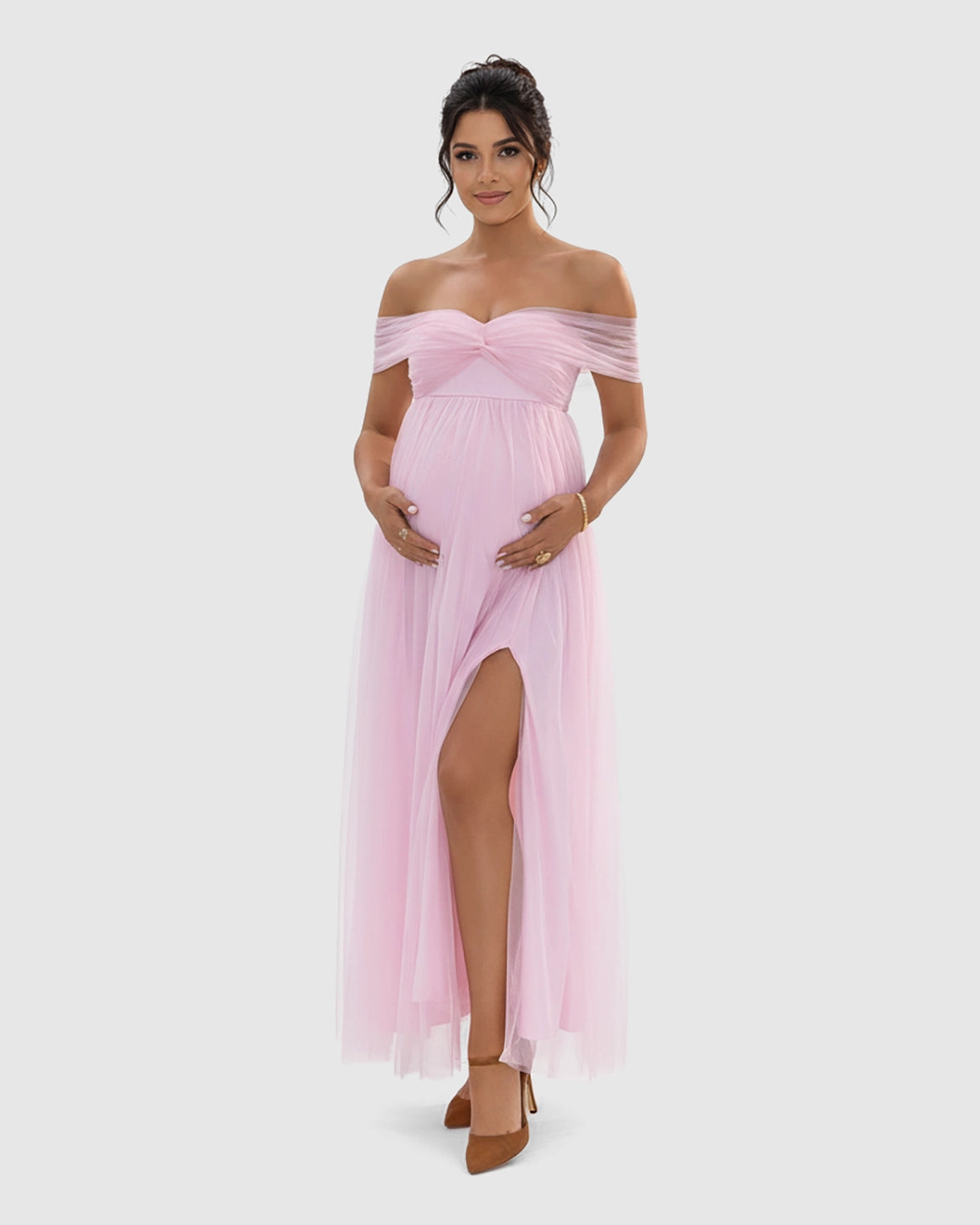 Ruched Off-Shoulder Front Slit Maternity Maxi Dress