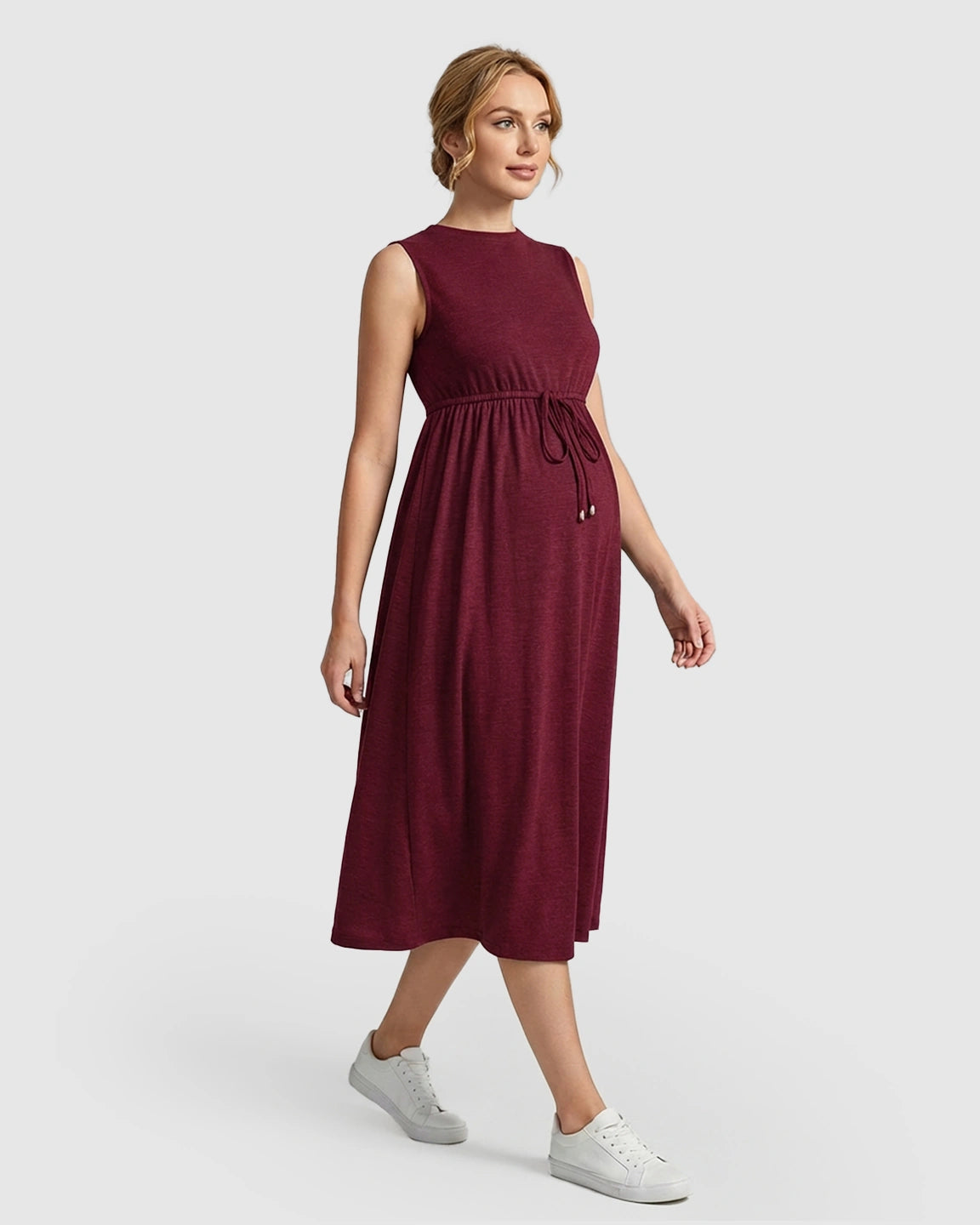 Drawstring Waist Sleeveless Maternity Midi Dress