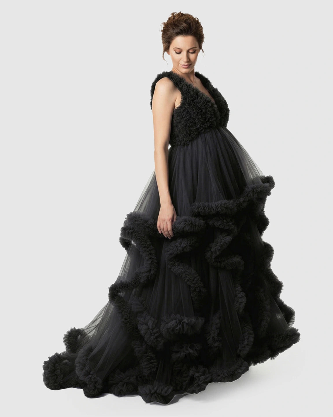 Ruffled Bodice Multi-Layer Mesh Pleats Maternity Gown