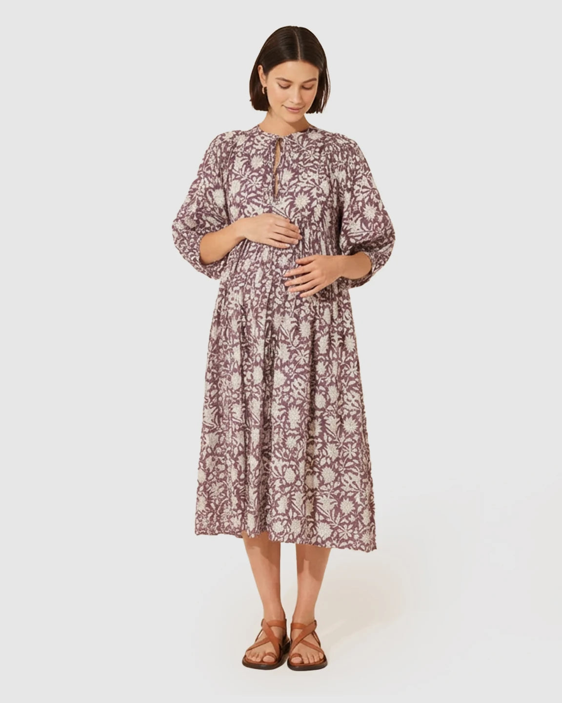 Knot Neckline Puff Sleeve Maternity Midi Dress