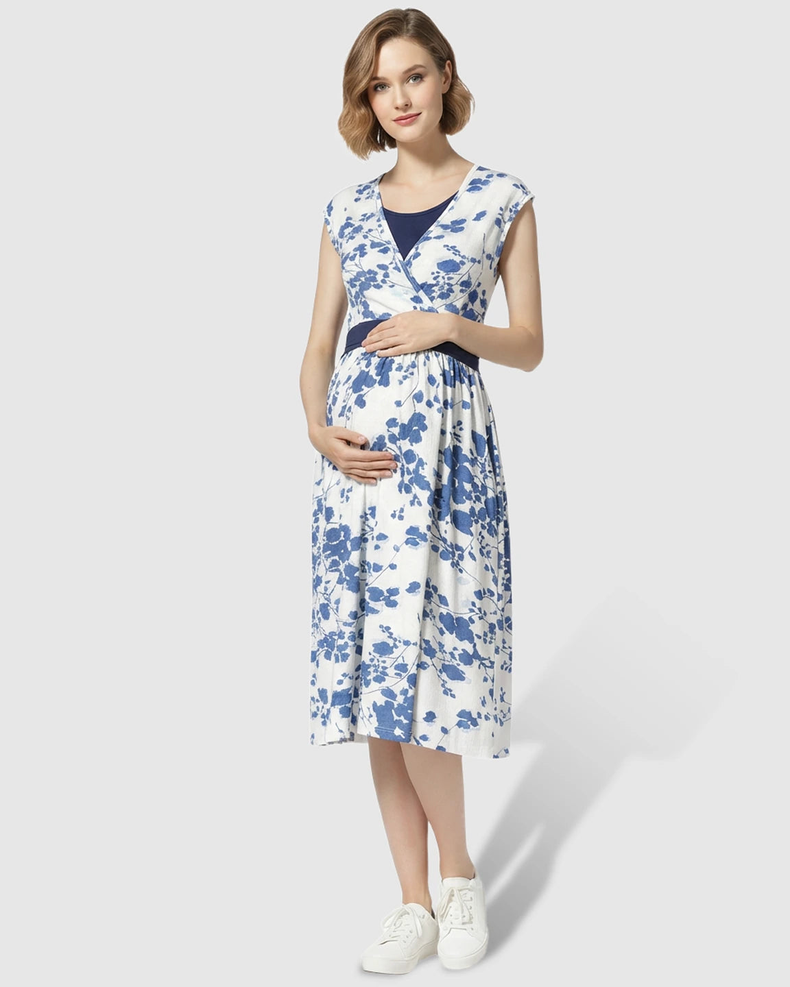 Crossover V-Neck Floral A-Line Maternity Midi Dress