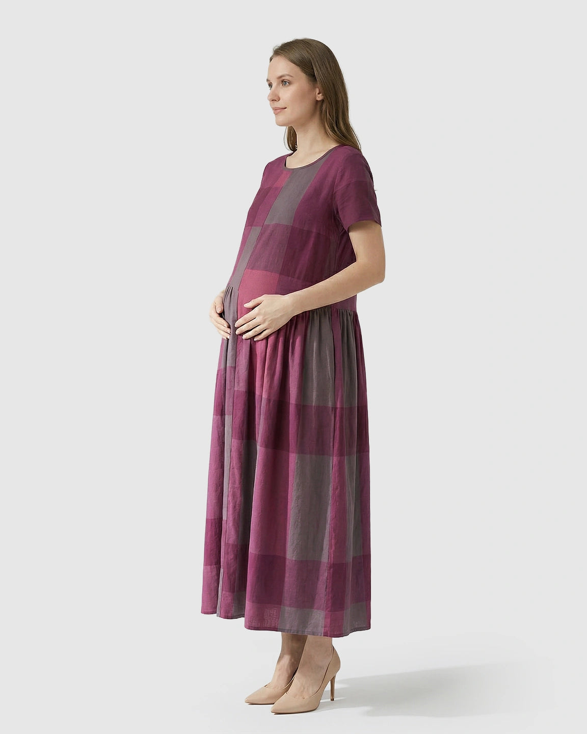 Plaid Color Block Loose Fit Maternity Maxi Dress