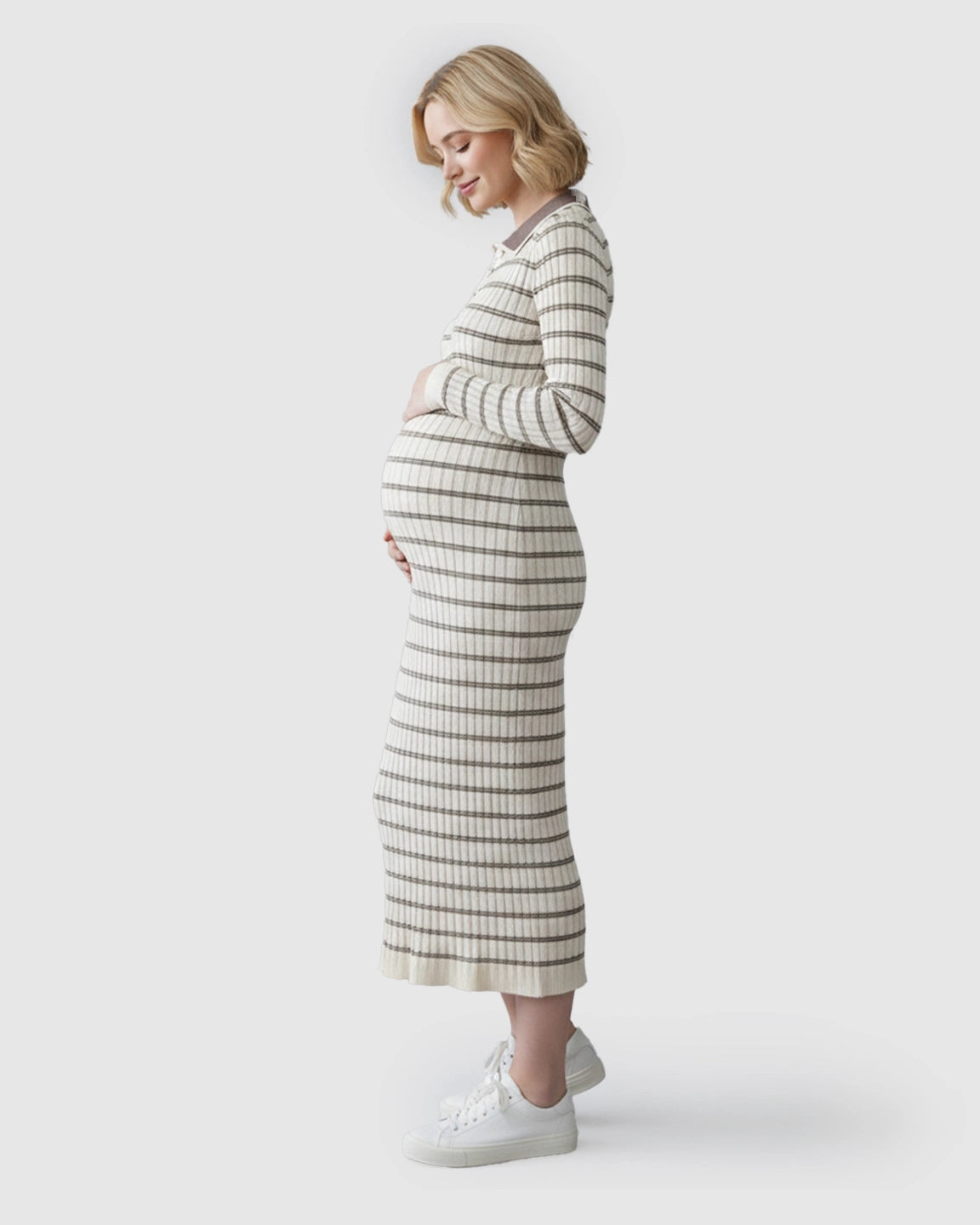 Contrast Collared Casual Maternity Midi Dress