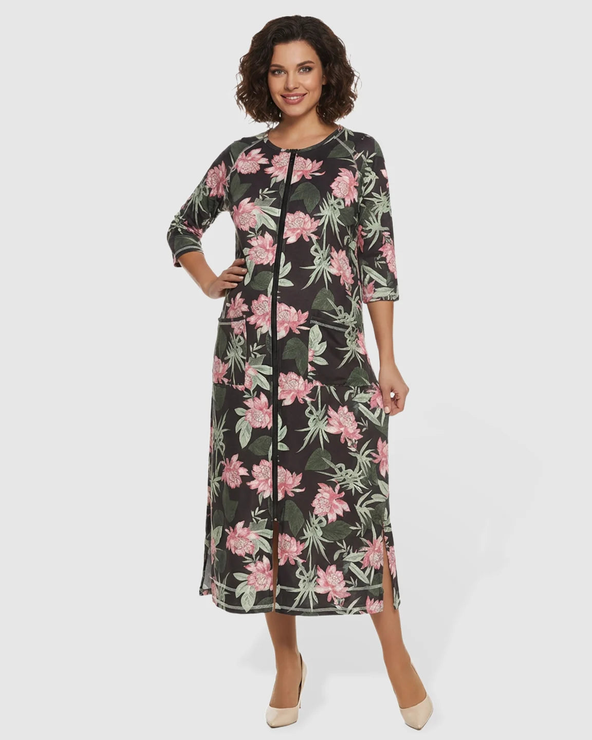 Front Zipper Floral Print Maternity Nursing Lounge Dress