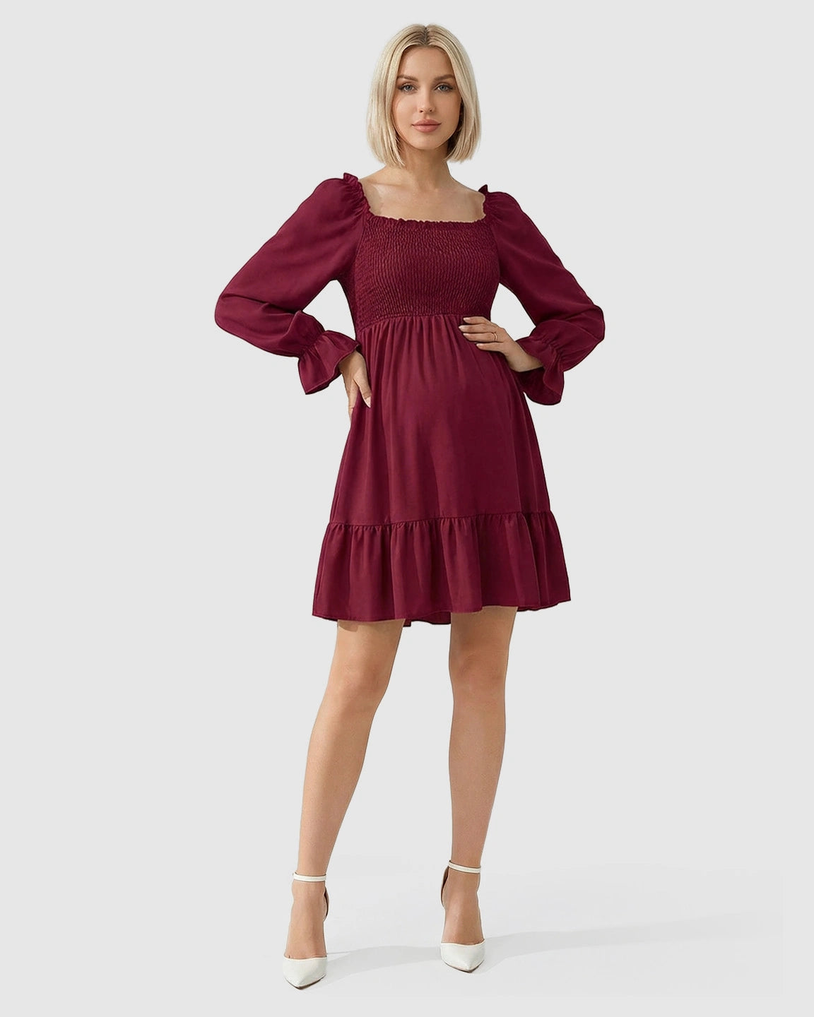 Flared Sleeve Smocked Babydoll Maternity Dress