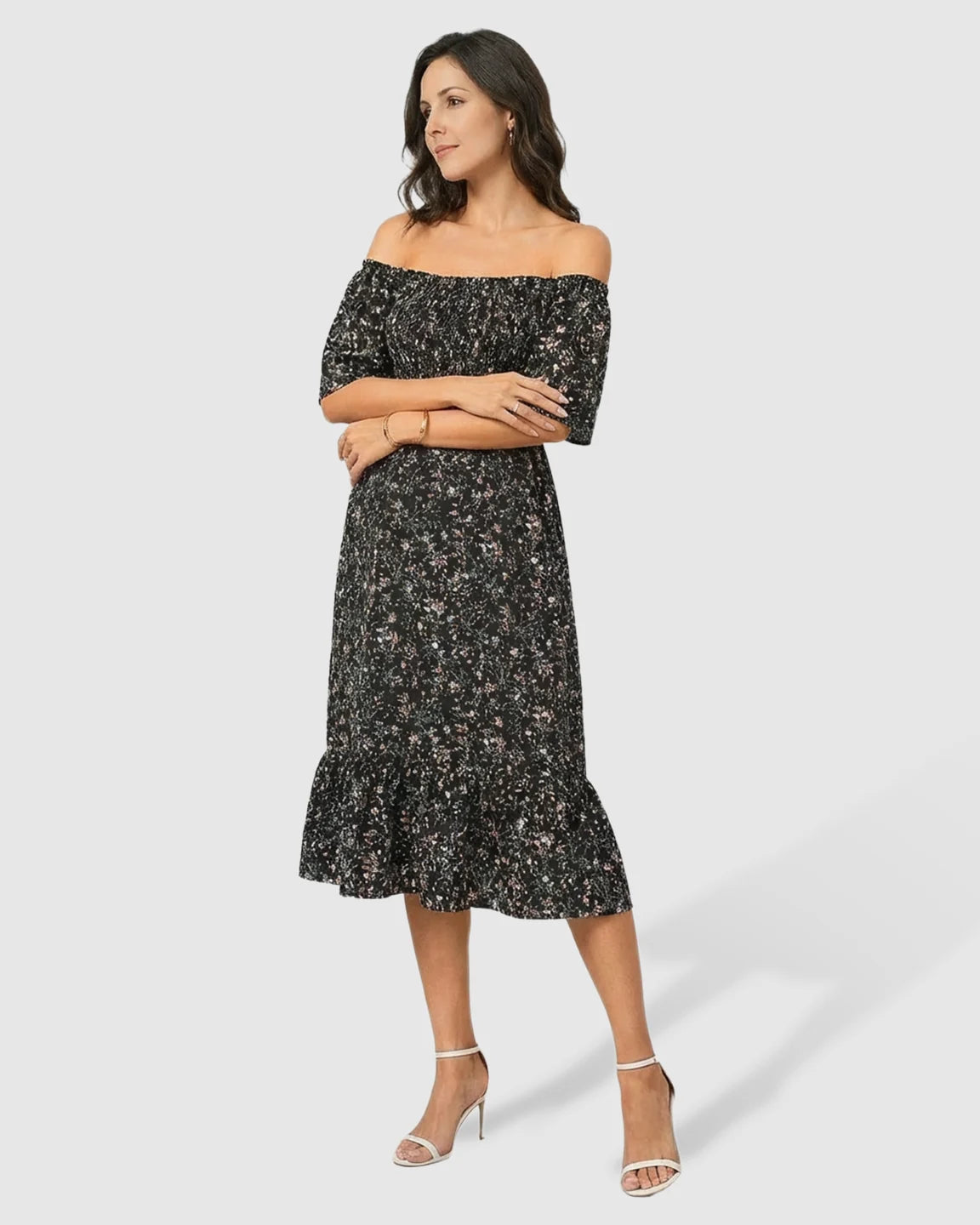 Smocked Bodice Off-Shoulder Maternity Midi Dress