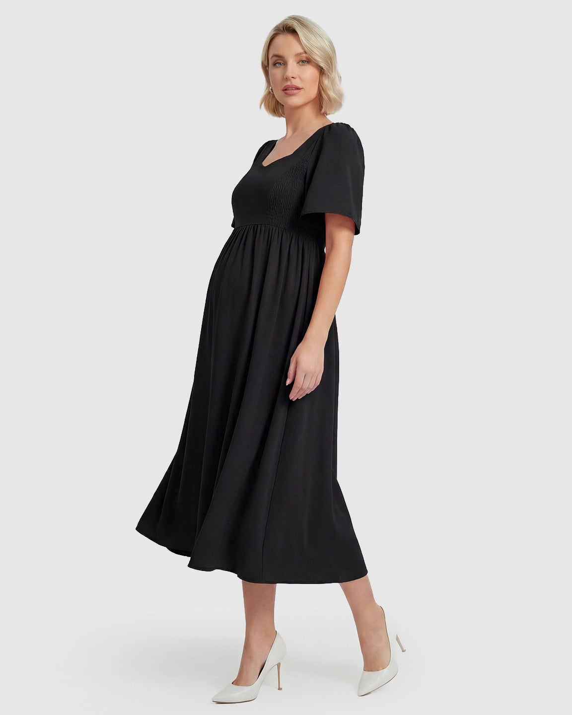 Shirred Ruffle Sleeve Swing Maternity Midi Dress