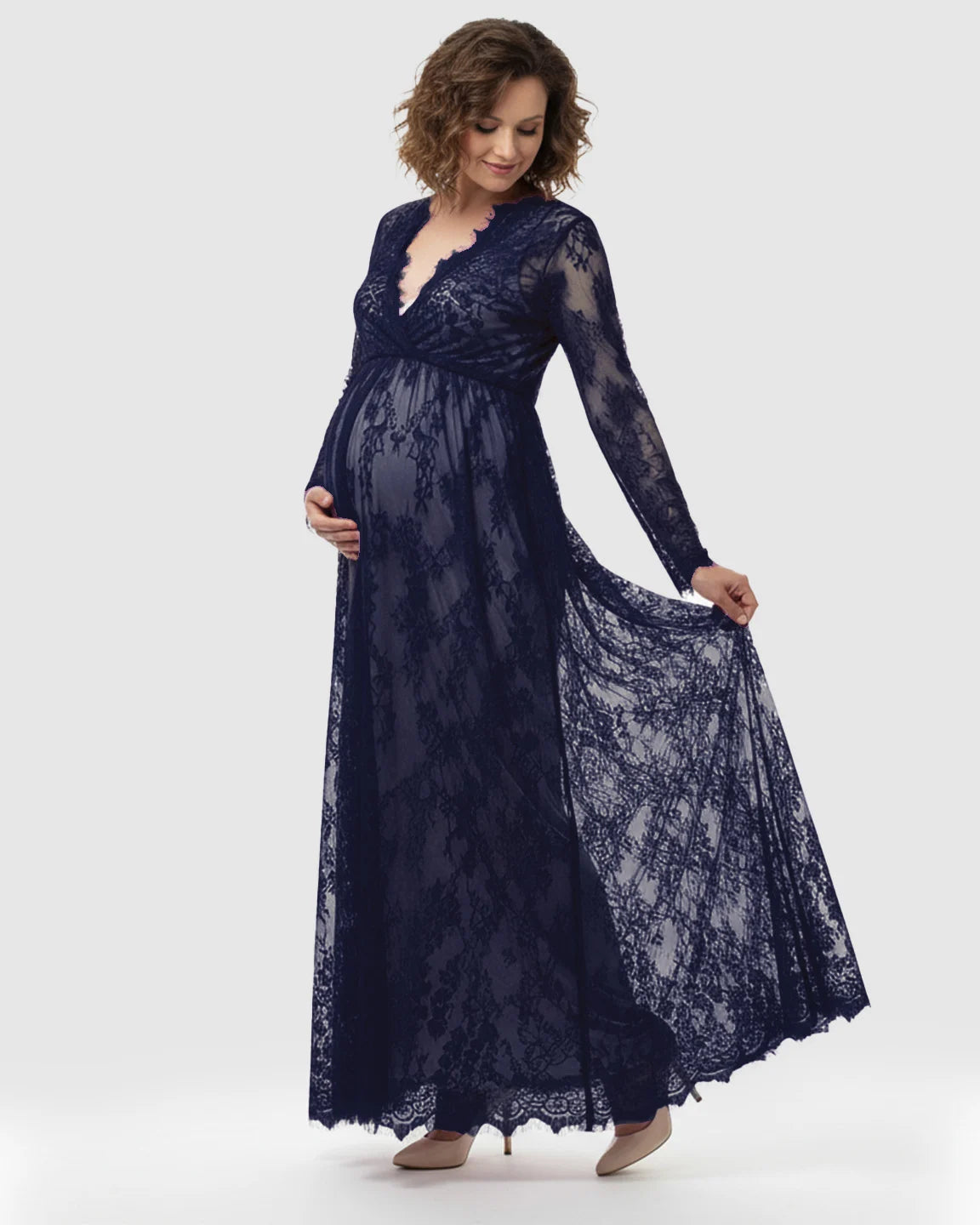 Sheer Floral Lace Empire Waist Maternity Maxi Dress