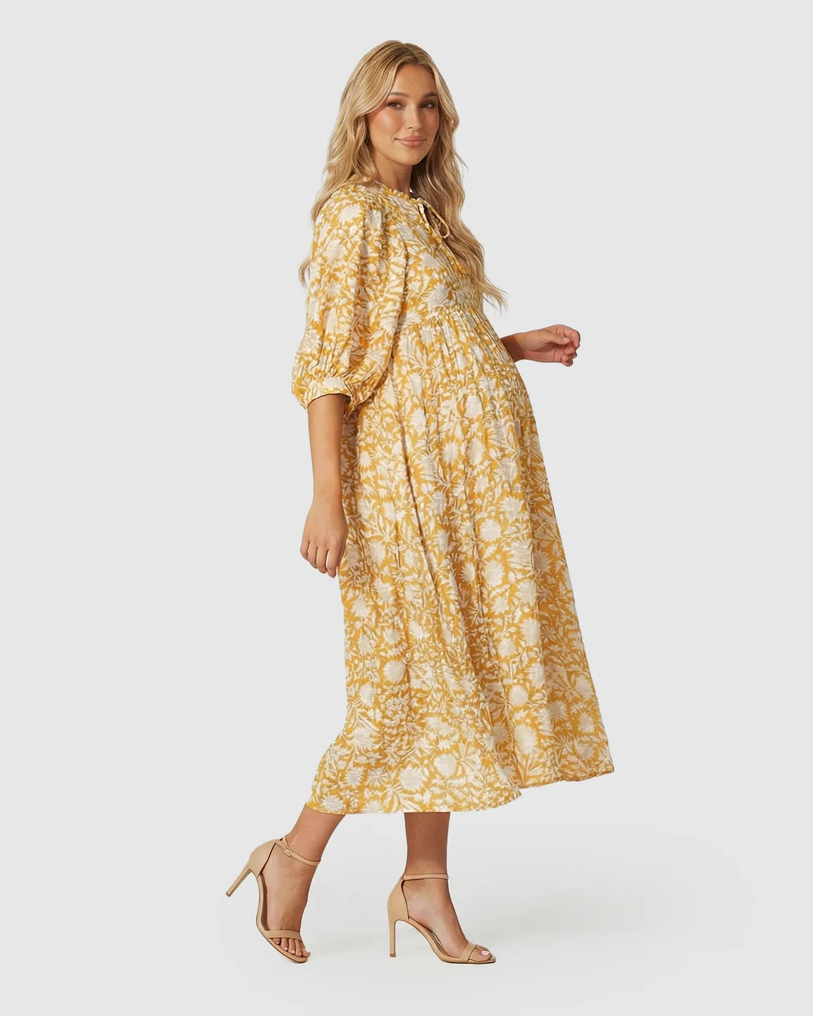 Gathered Waist Floral Print Maternity Midi Dress