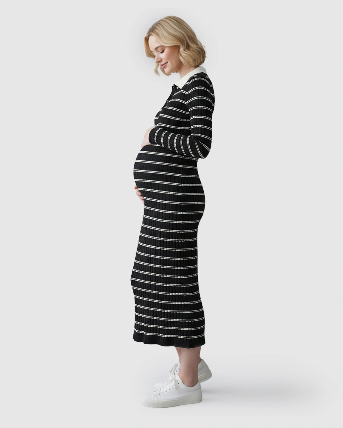 Contrast Collared Casual Maternity Midi Dress