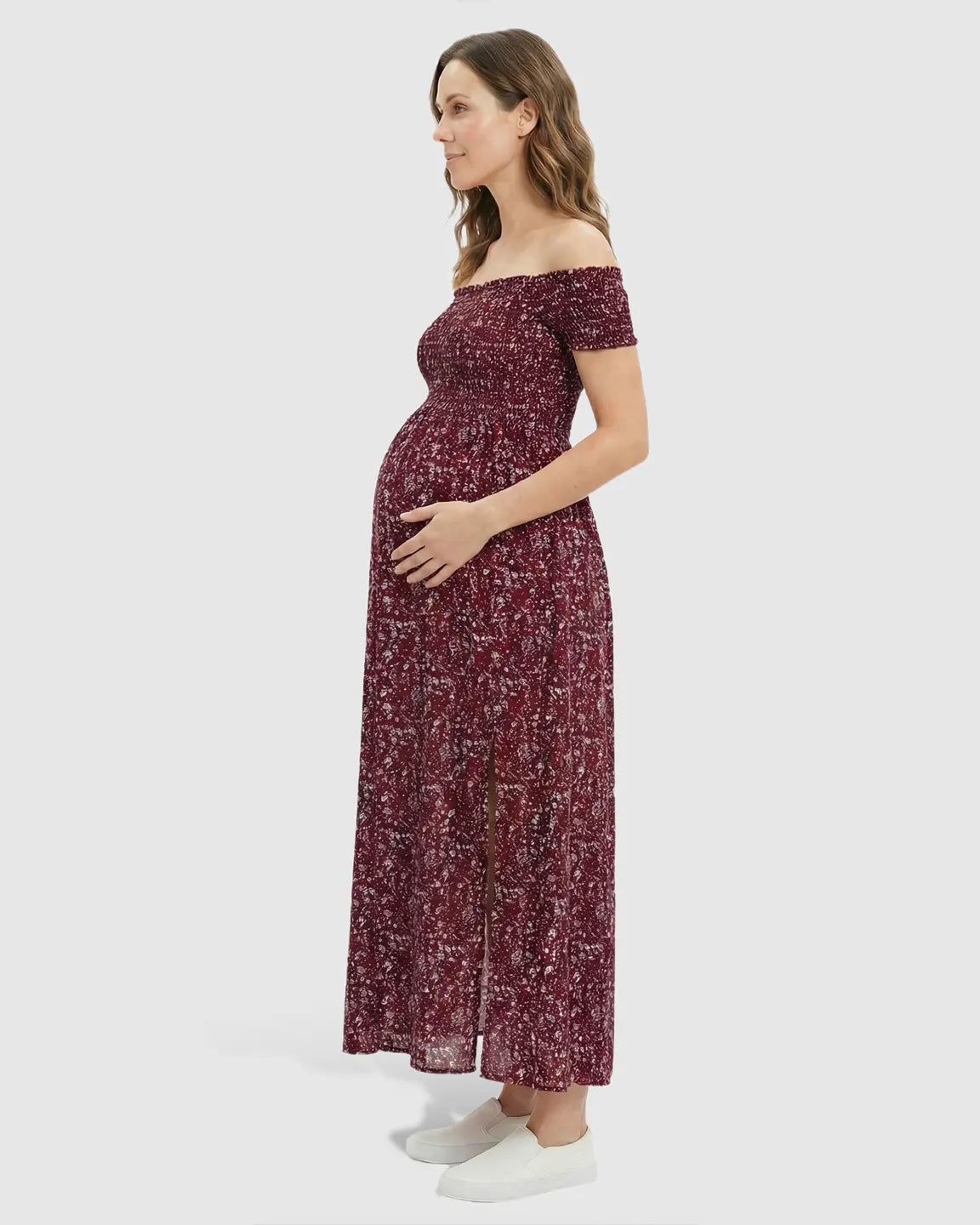 Floral Print Side Slit Maternity Maxi Dress