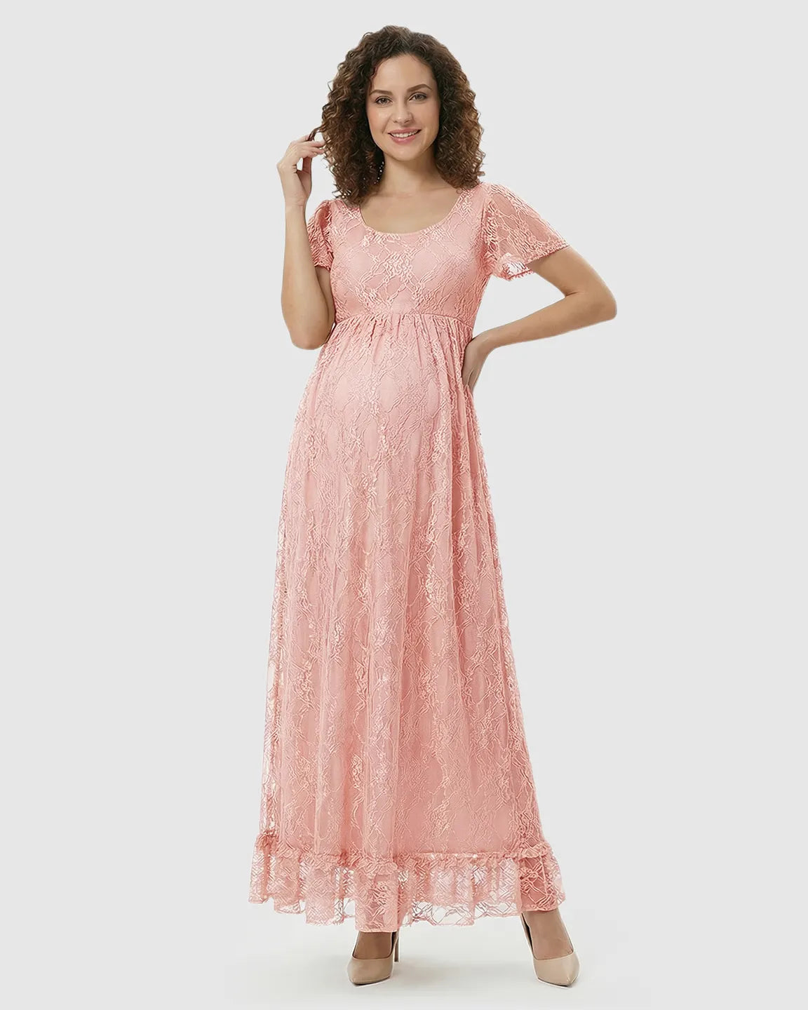 Ruffled Hem Floral Lace Maternity Photoshoot Dress