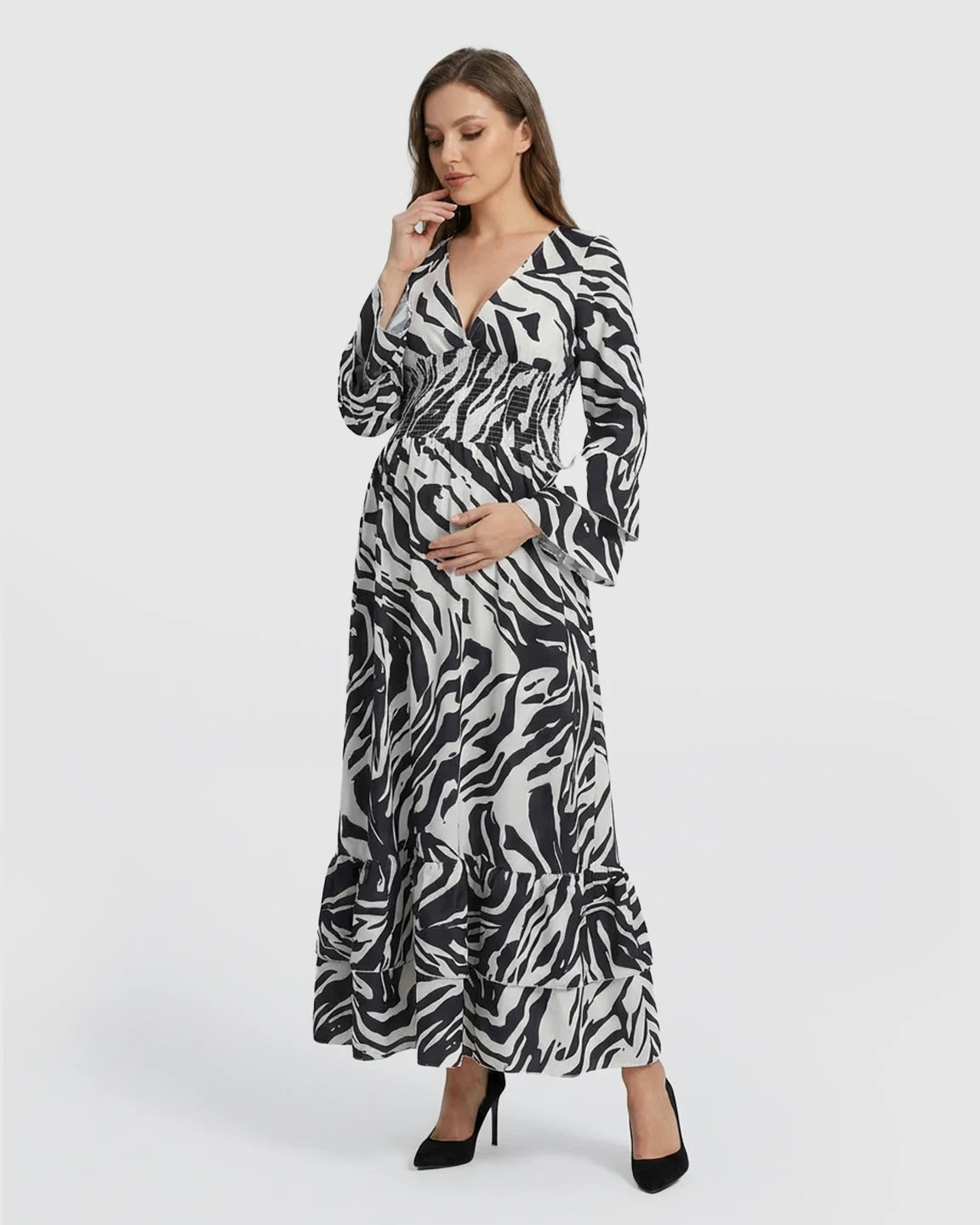 Geometric Pattern Smocked Mid-Waist Maternity Maxi Dress