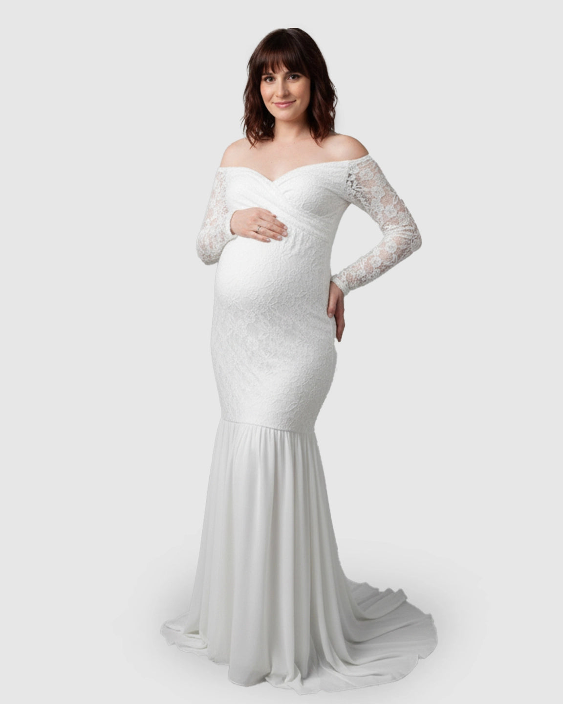 Sheer Lace-Sleeve Mermaid Train Maternity Photoshoot Gown