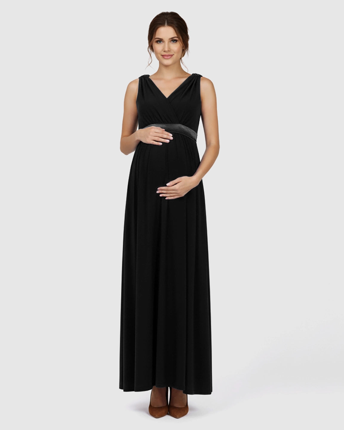 Fitted-Waist V-Neck Maternity Dress