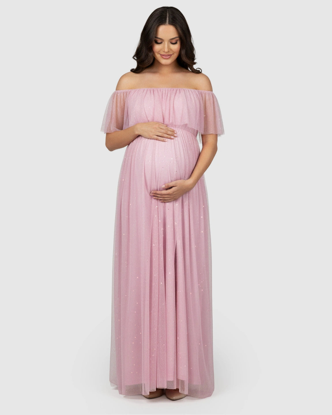 Off-Shoulder Mesh Slit Maternity Gown