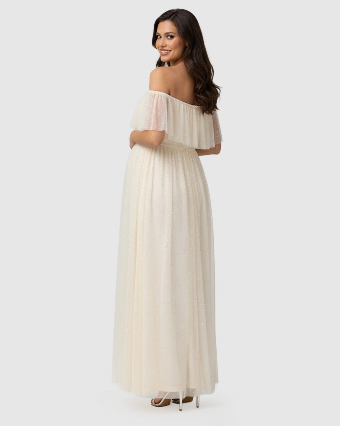 Off-Shoulder Ruffled Mesh Maternity Maxi Dress