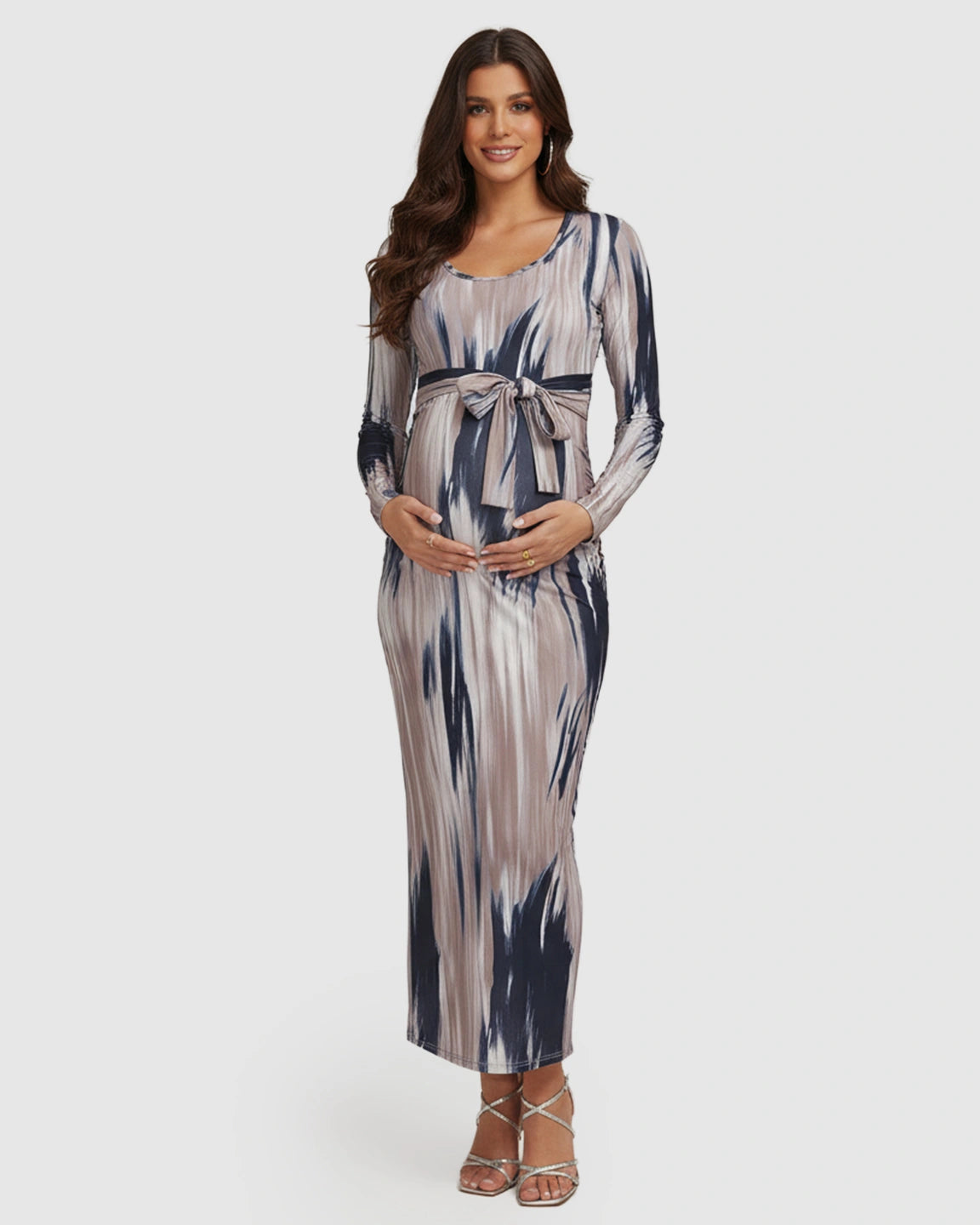 Adjustable Tie-Waist Ink-Wash Maternity Maxi Dress
