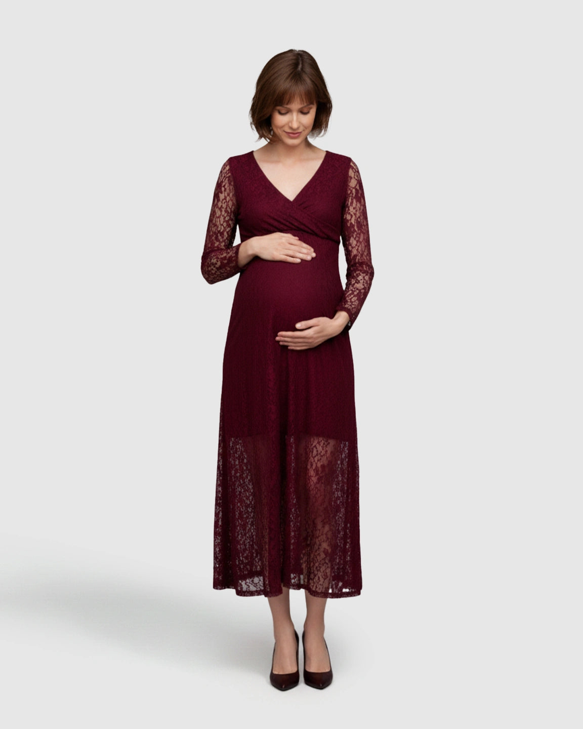 Sheer Lace Long Sleeve Maternity Midi Dress