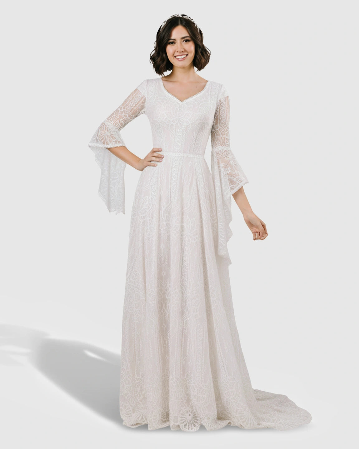 Lace Bell-Sleeve Floor-Length Maternity Gown