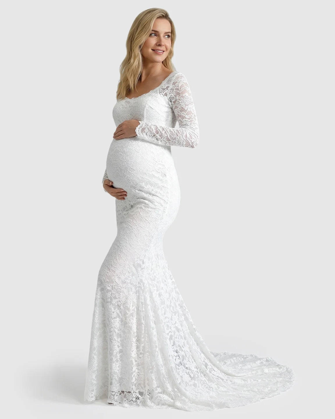Lace Train Long-Sleeve Maternity Gown