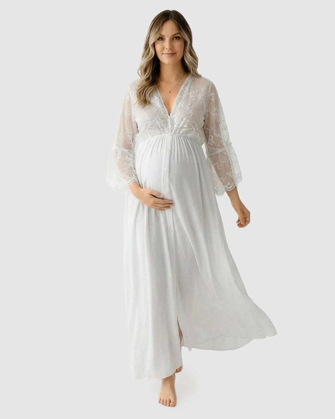 Lace Bell-Sleeve V-Neck Maternity Gown