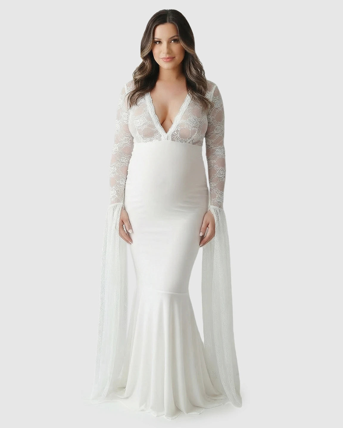 Lace Deep-V Floor-Length Maternity Gown
