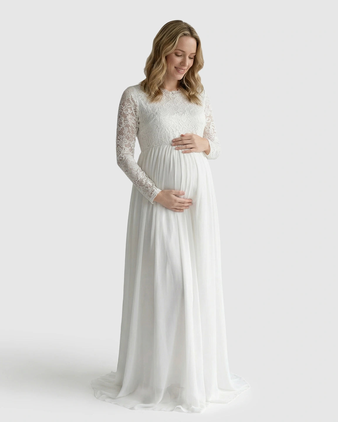 Lace Bodice Flowy Long-Sleeve Maternity Gown