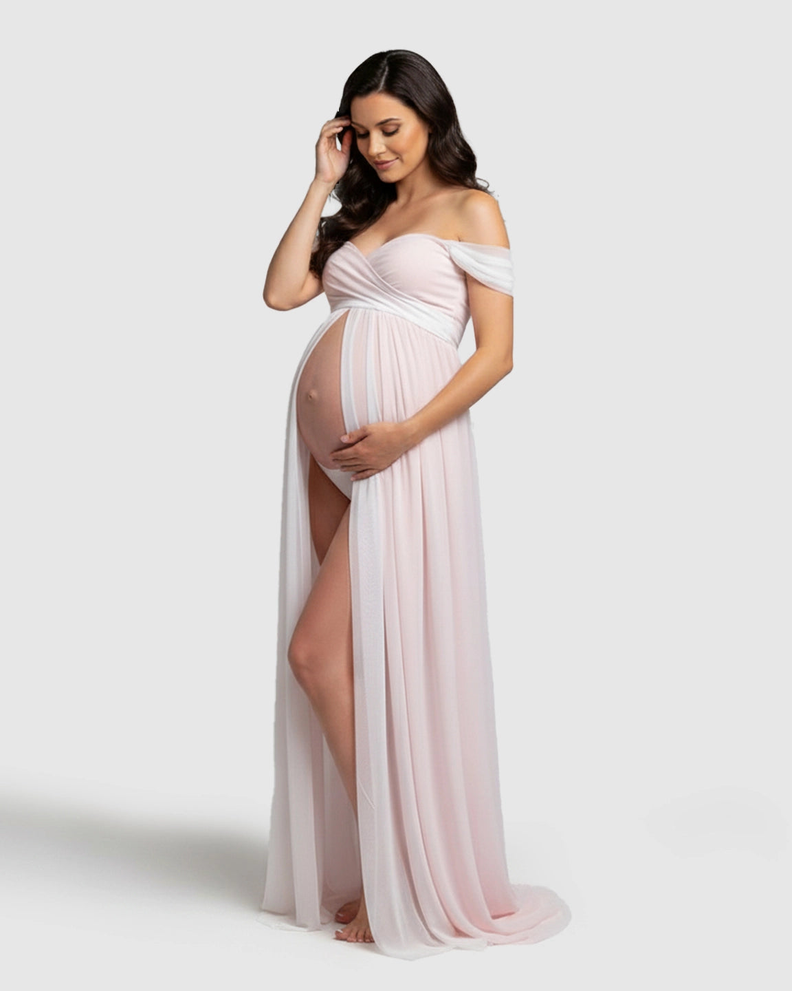 Off-Shoulder Slit Floor-Length Maternity Gown