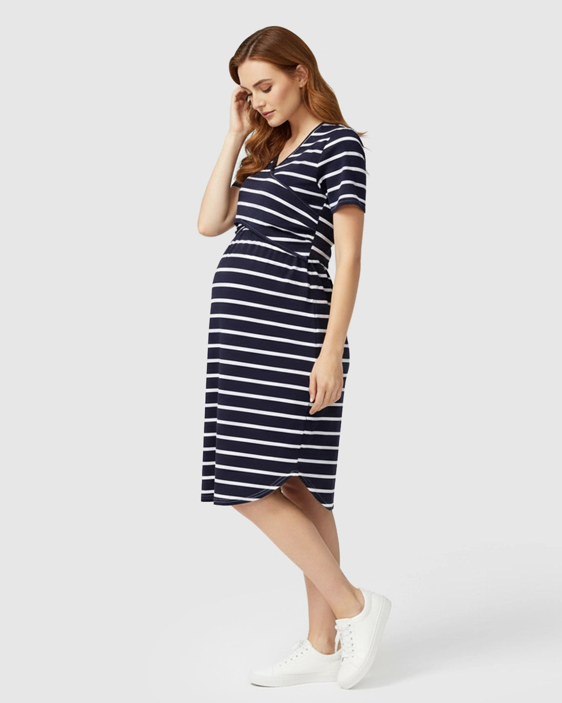Striped-Crossover Fitted Nursing Maternity Midi Dress