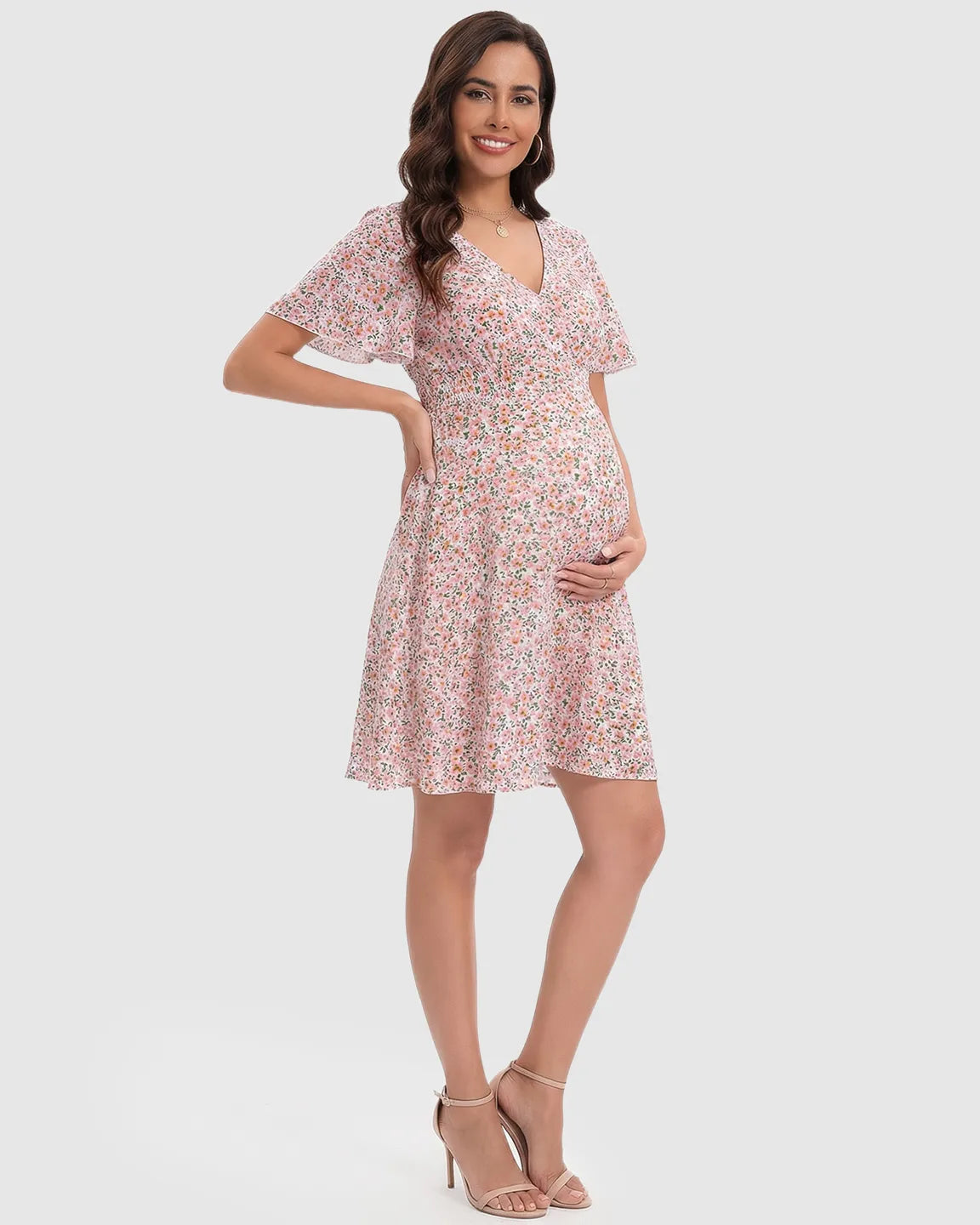 Flounce-Sleeve Floral A-Line Maternity Mini Dress
