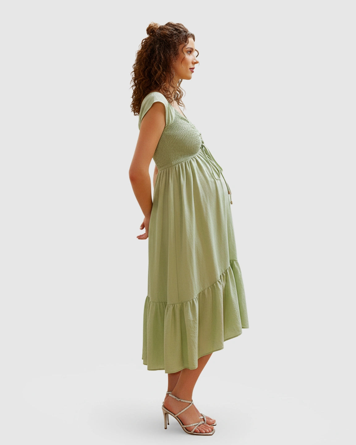 Smocked-Bodice Flowy Maternity Midi Dress