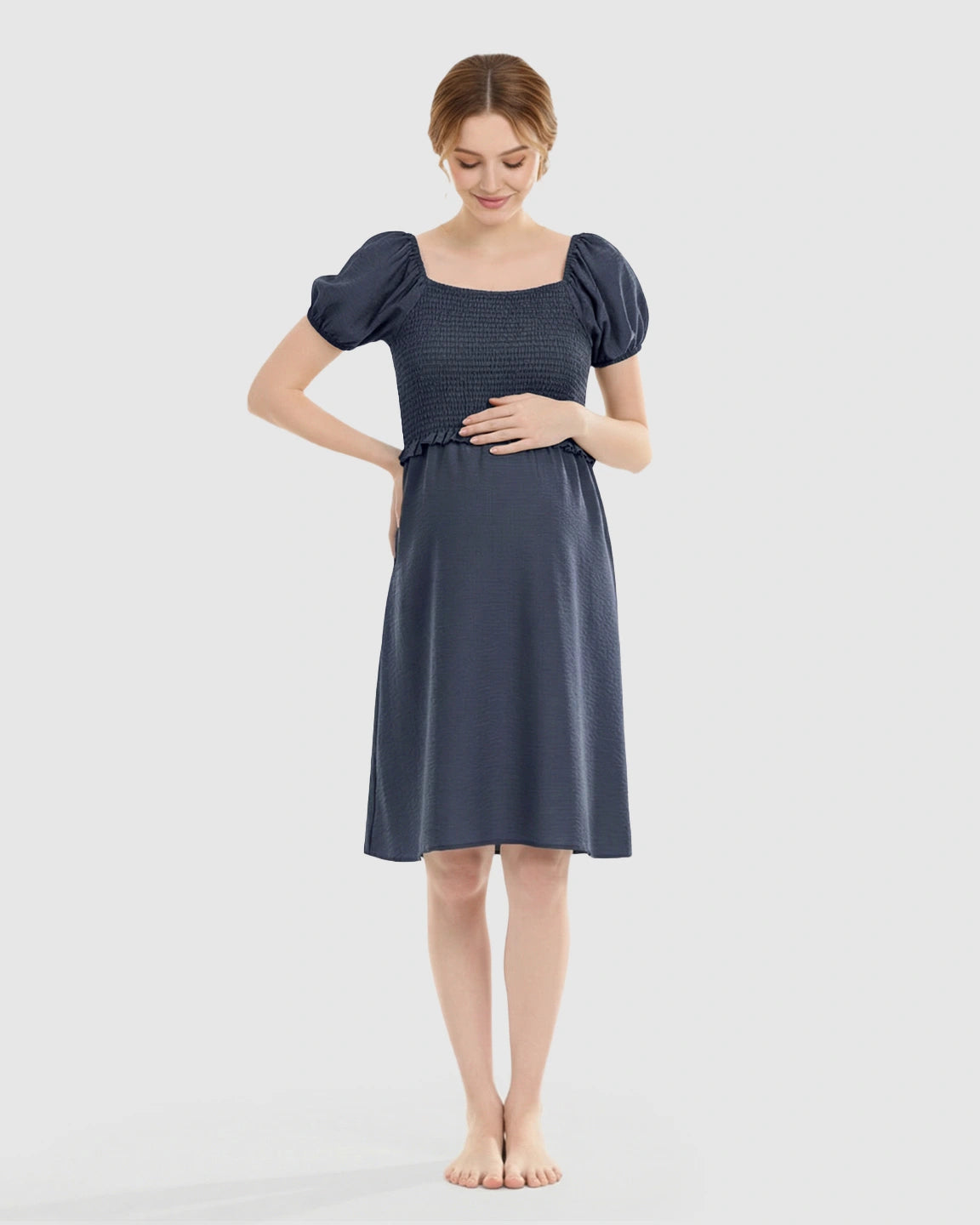 Retro Puff-Sleeve Flowy Maternity & Nursing Midi Dress