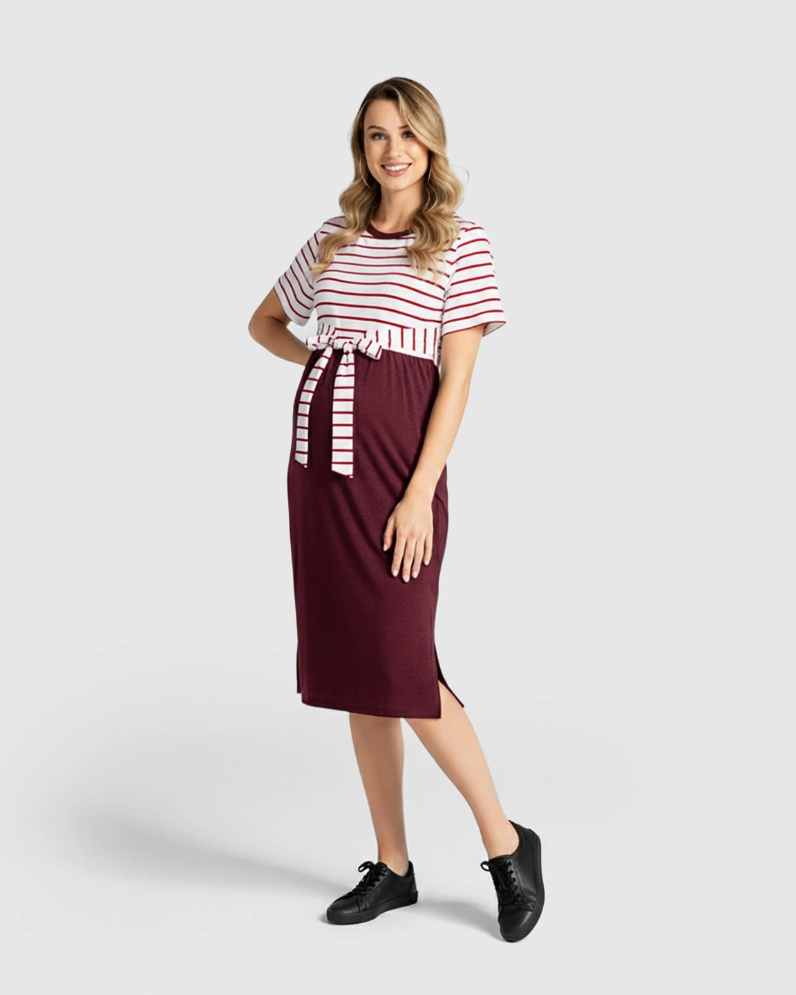 Striped Tie-Waist Casual Maternity Midi Dress