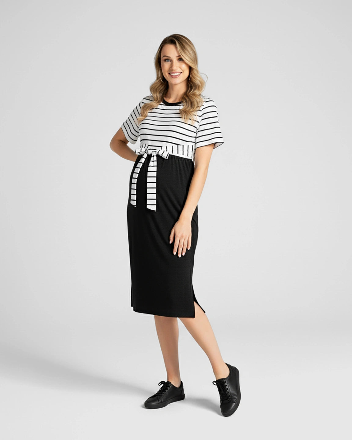 Striped Tie-Waist Casual Maternity Midi Dress