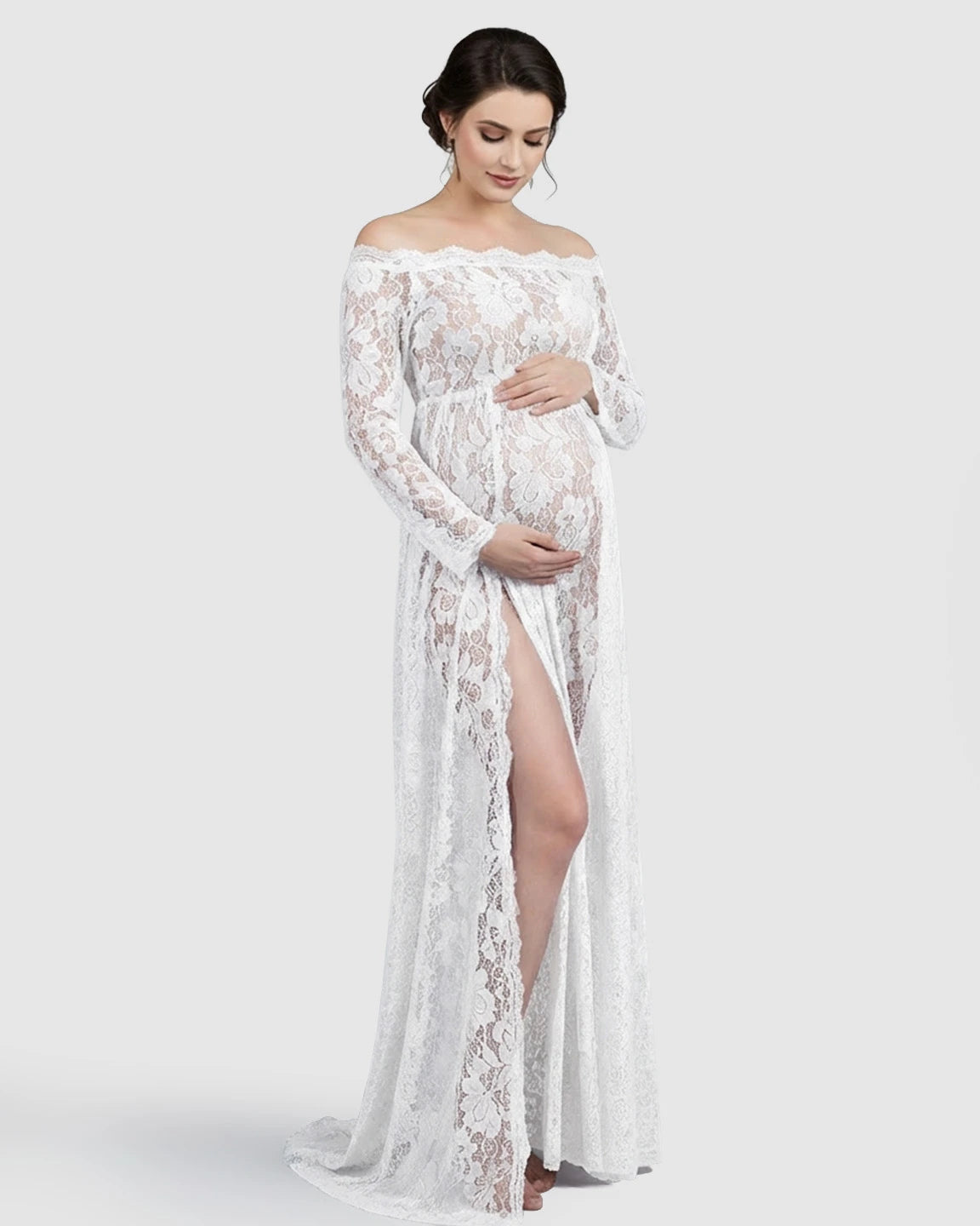 Off-Shoulder Lace Slit Maternity Gown