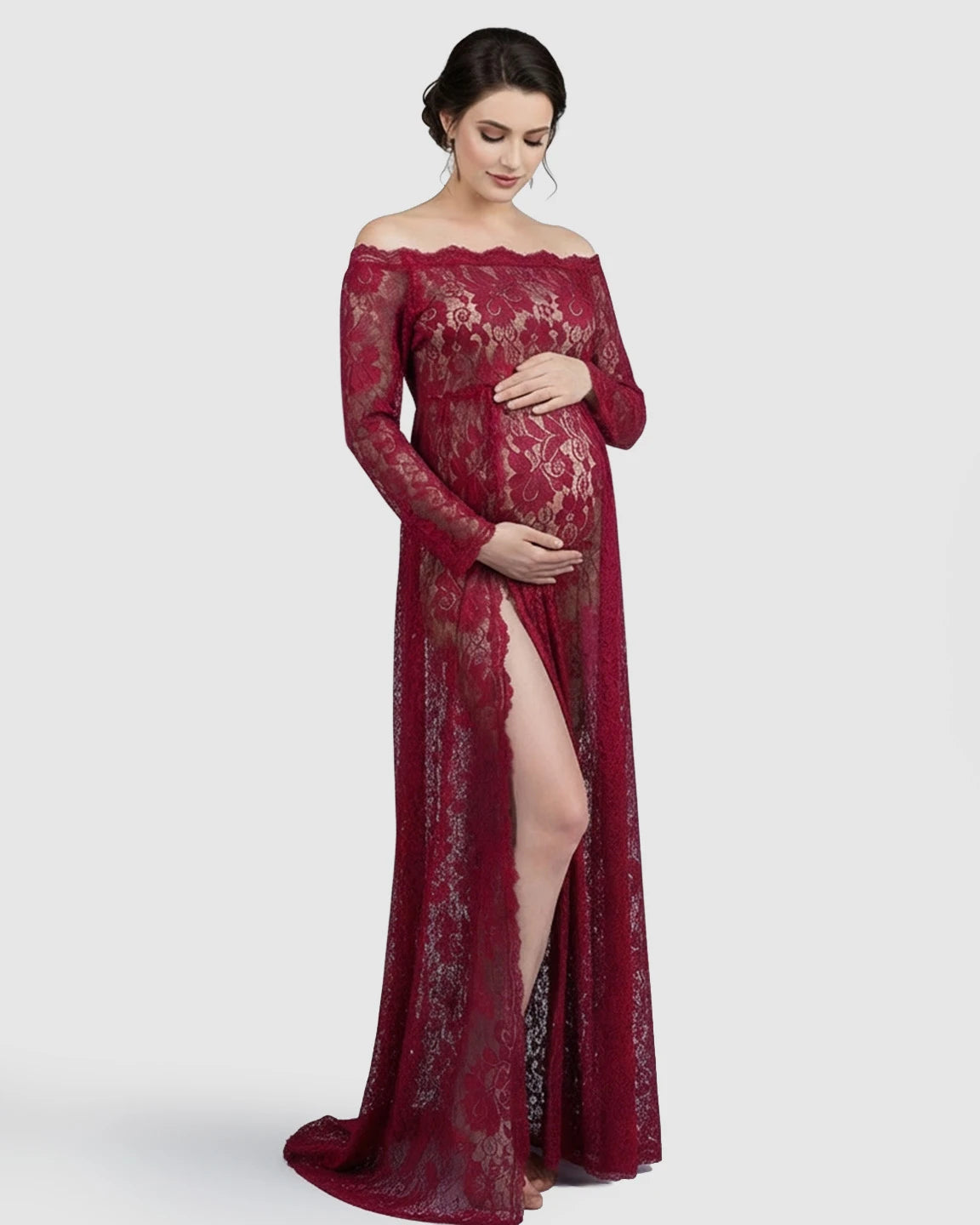 Off-Shoulder Lace Slit Maternity Gown