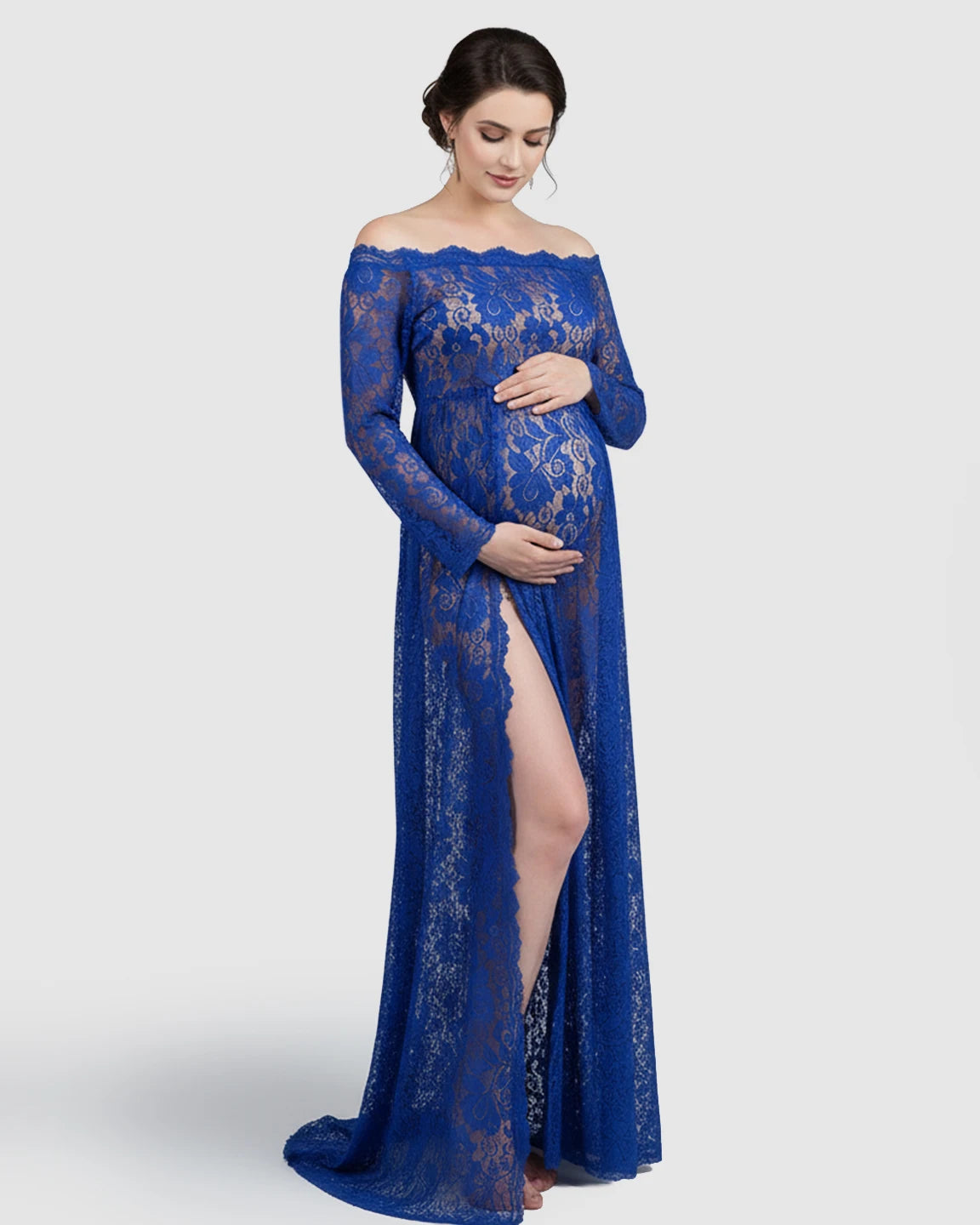 Off-Shoulder Lace Slit Maternity Gown