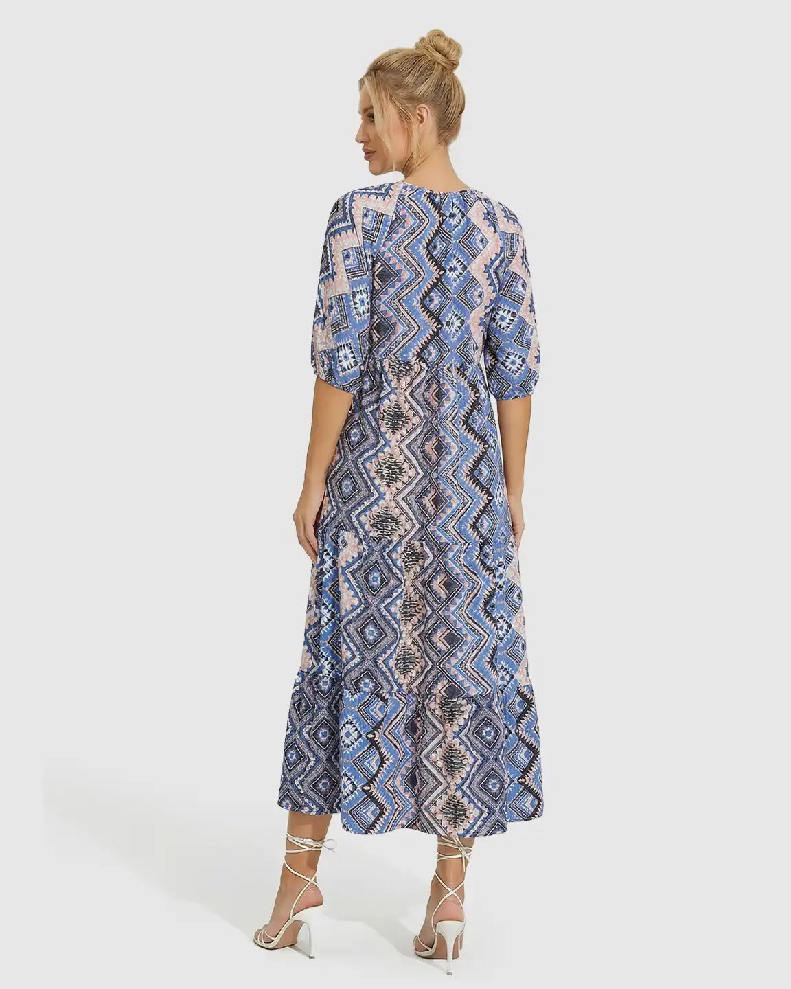 V-Neck Boho Print Maternity Midi Dress