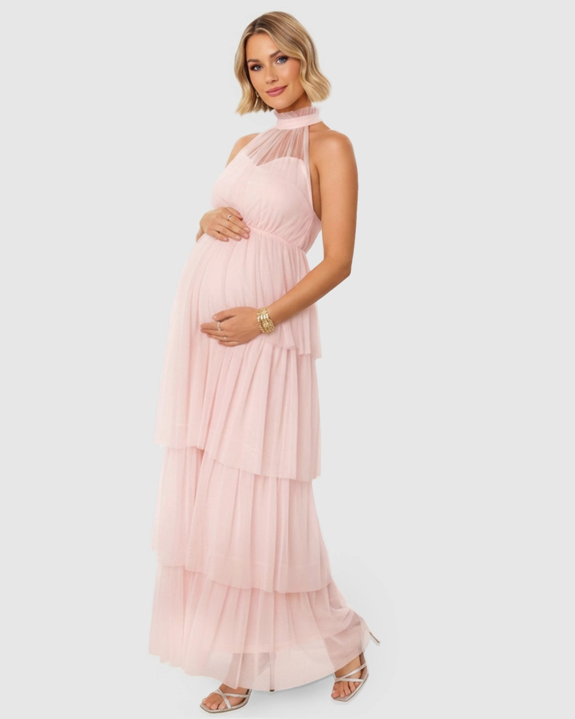 Halter Neck Tiered Mesh Maternity Gown