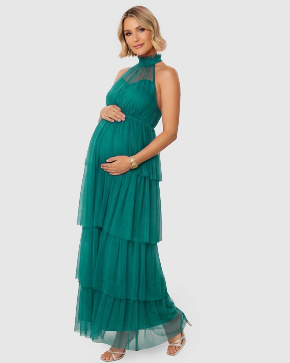 Halter Neck Tiered Mesh Maternity Gown
