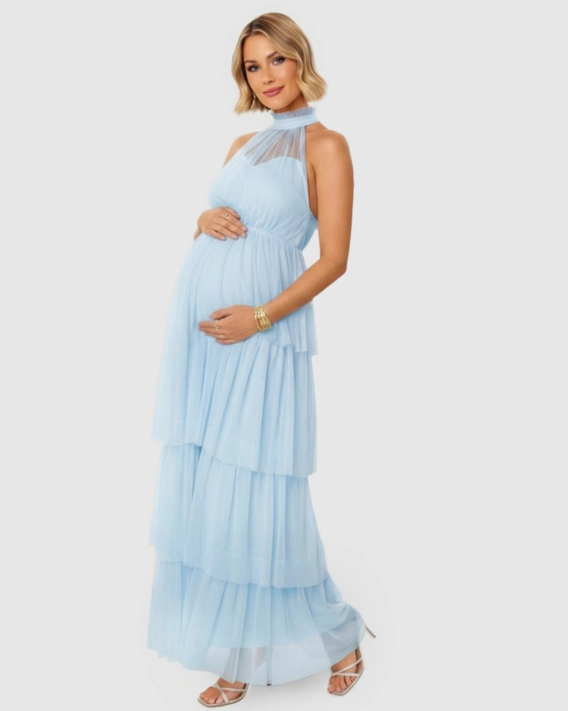 Halter Neck Tiered Mesh Maternity Gown