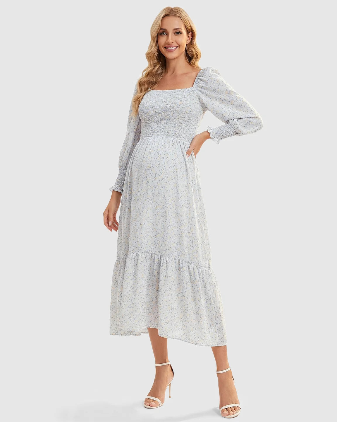 Smocked Floral Long Sleeve Maternity Midi Dress