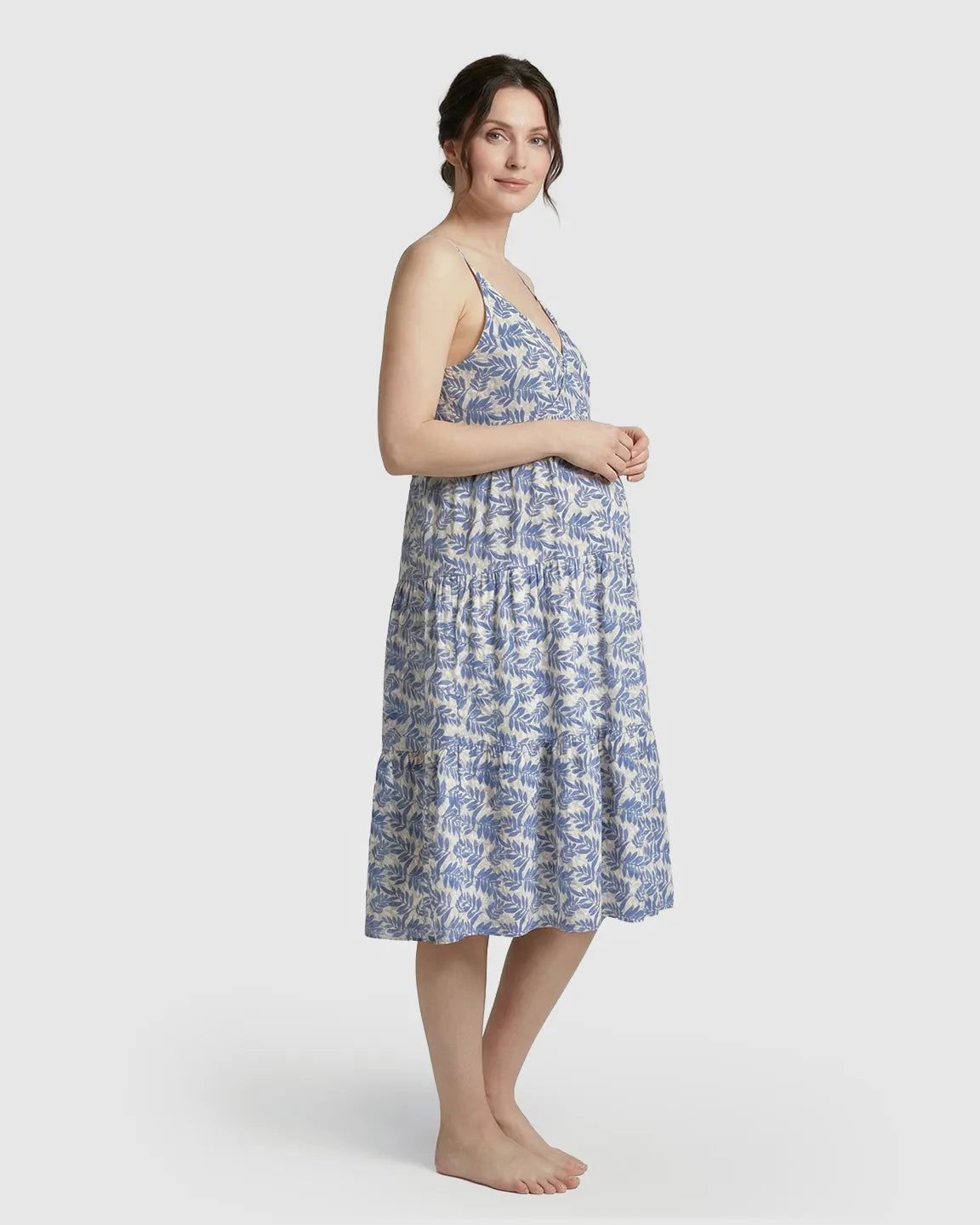 Adjustable-Strap Blue Leaves Print Maternity Nightdress